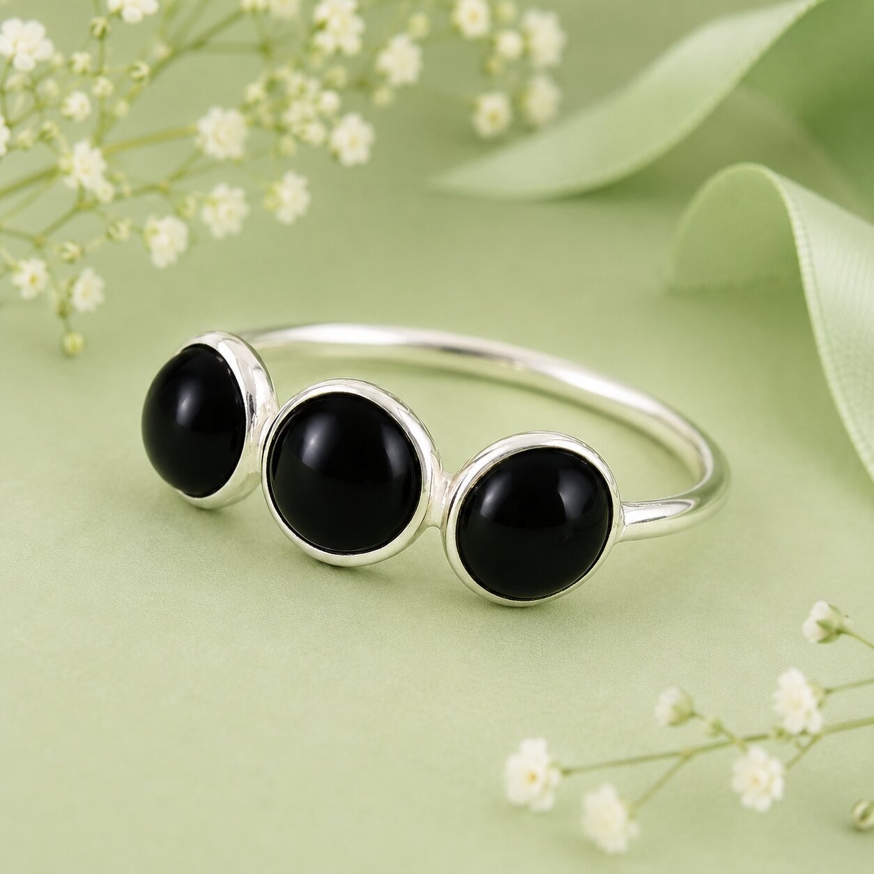 925 Sterling Silver Black Onyx Three Stone Ring Handmade Minimalist Women Ring