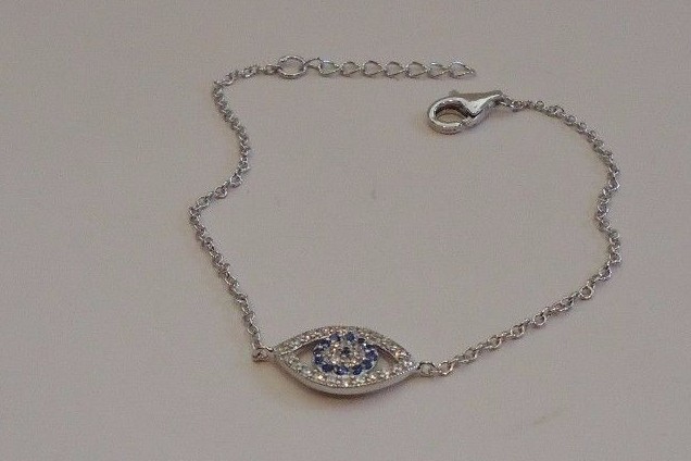 EVIL EYE CHAIN BRACELET LAB CREATED TANZANITE & DIAMONDS 925 STERLING SILVER