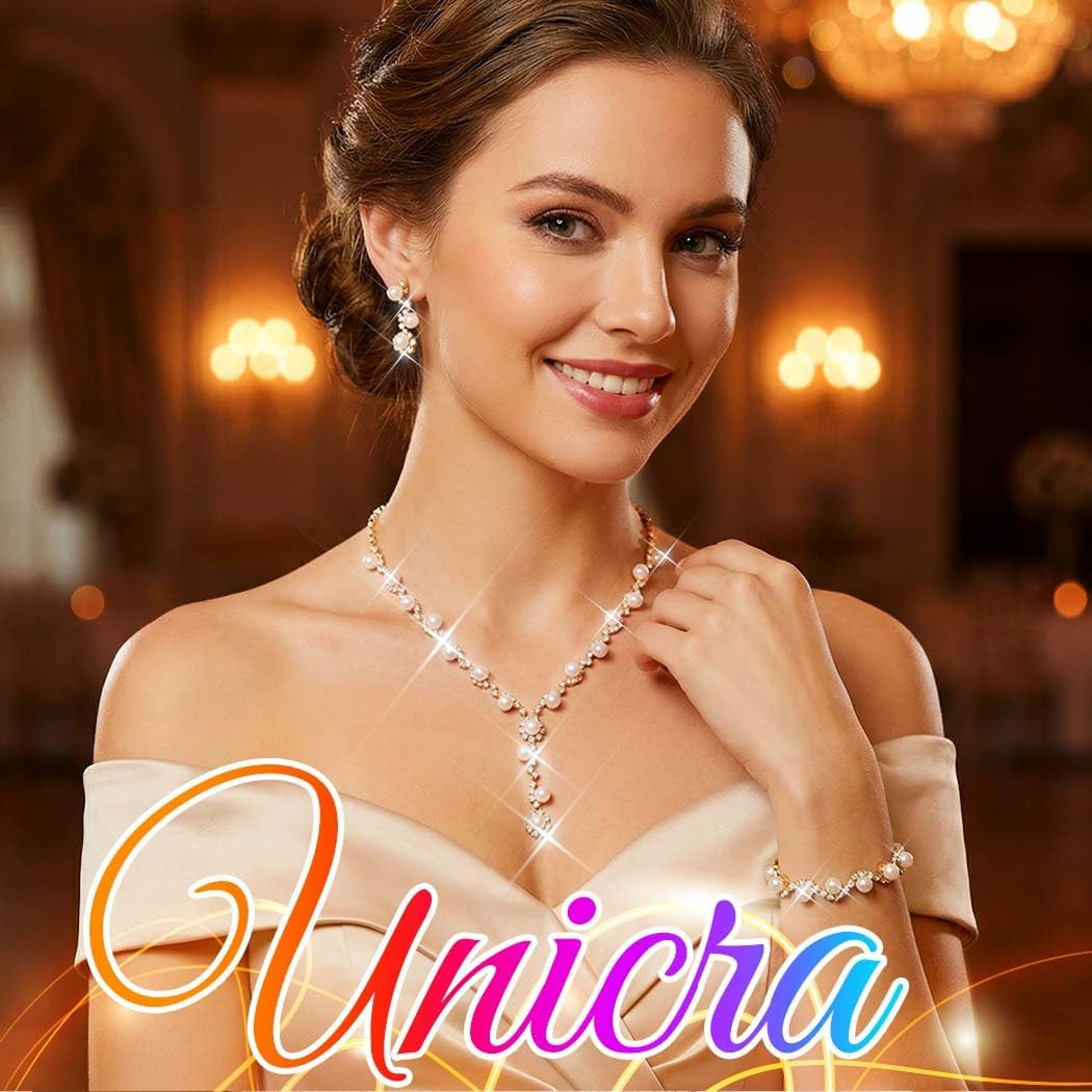 Silver Pearl Bridal Wedding Jewelry Set Rhinestone Necklace Earrings Bracelet Se