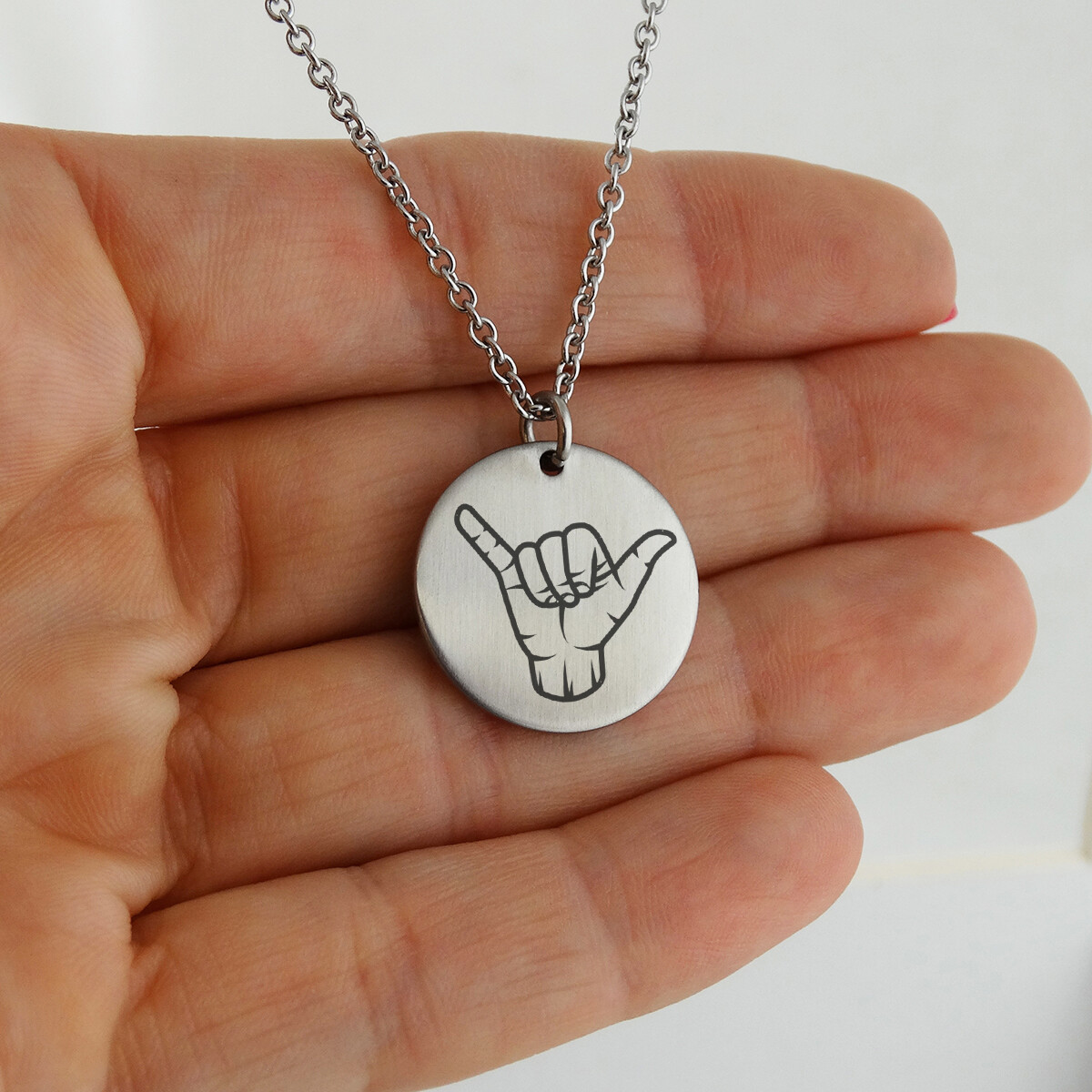 Hang Loose Shaka Stainless Pendant Necklace – Hawaiian Hang Ten Sign Surfer 18″