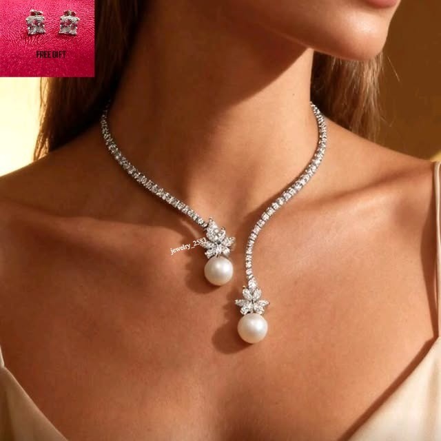 Valentine Simulated Diamond Luxury Party Wear Pearl Lariat 18″ Necklace 925 SS