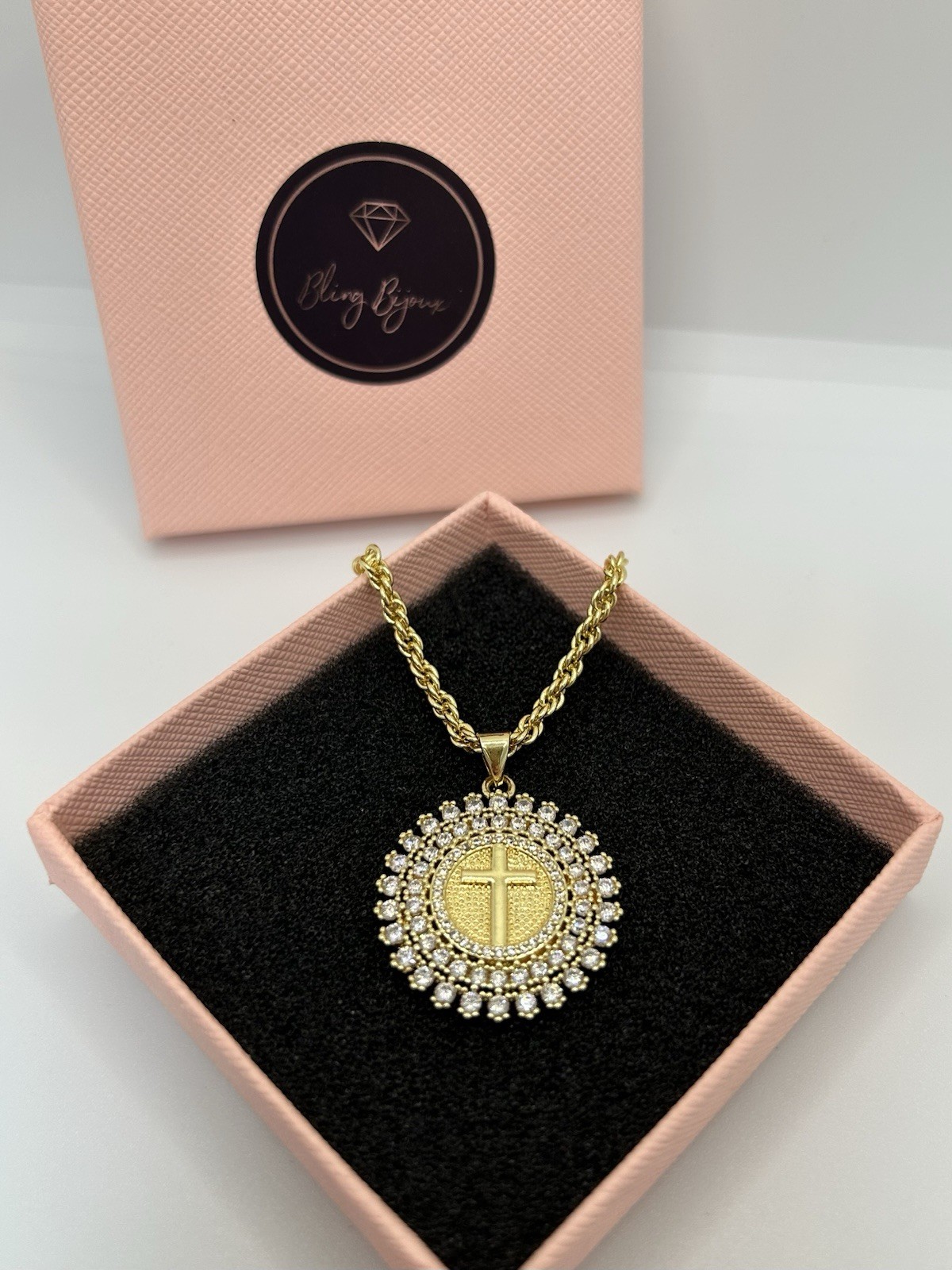 9ct GF Round Medallion Cross Pendant Necklace – 55cm (22”) 9K Gold Filled CZ