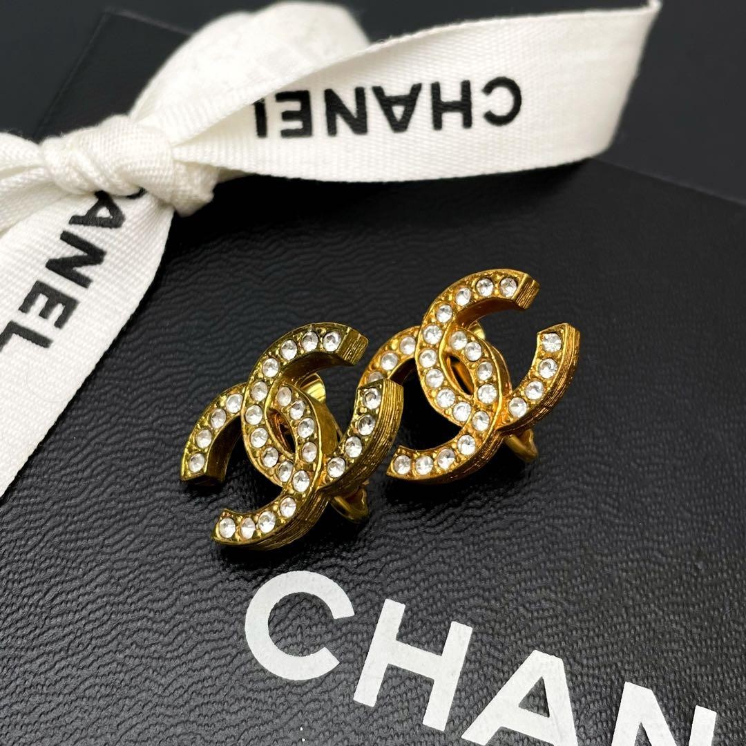 CHANEL CC Logo Coco Mark Earrings Gold Rhinestone Clip On No Box Vintage