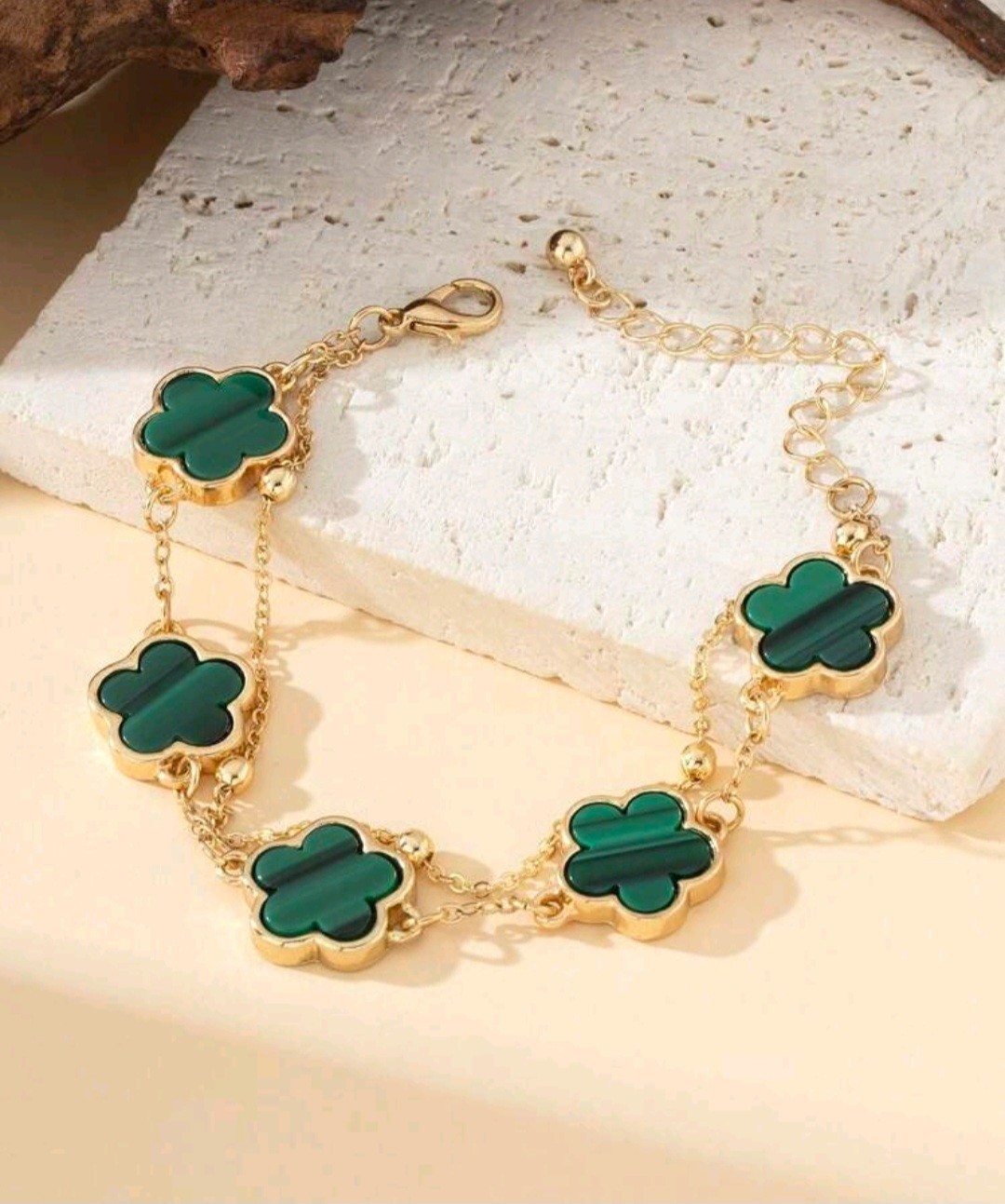 Gold-Tone Adjustable Cable Chain Green Clover Dangle Charm Bracelet 15cm+5cm