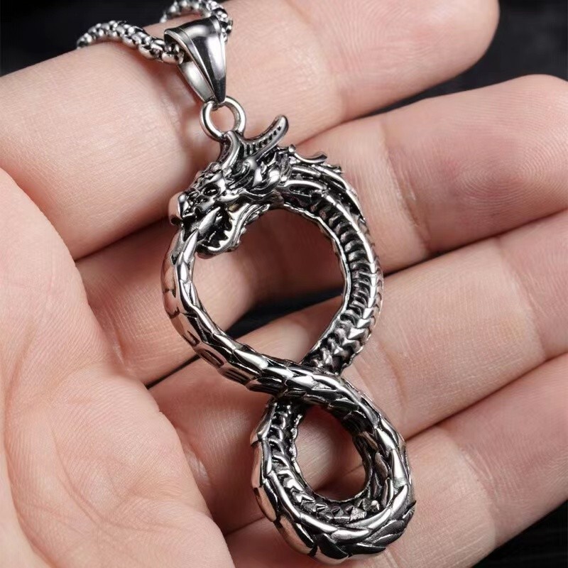 Silver Ouroboros Dragon Pendant Necklace Men’s Punk Rock Jewelry Chain 24″ Gift
