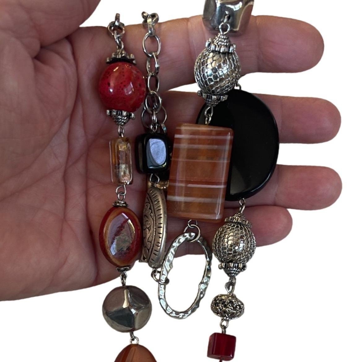 Boho Mixed Media Statement Necklace Orange Black Silver Beaded Chunky Long Line