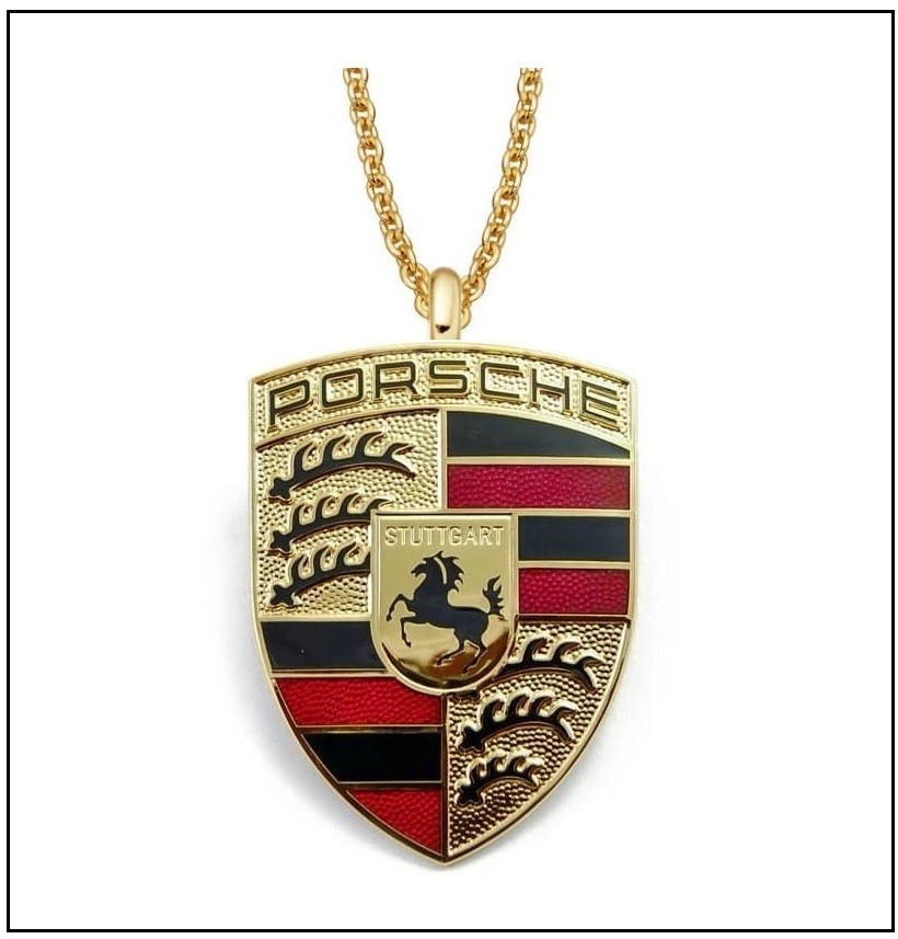 PORSCHE Emblem Necklace – 1 3/4″ Goldplate Steel Pendant – 24″ Chain