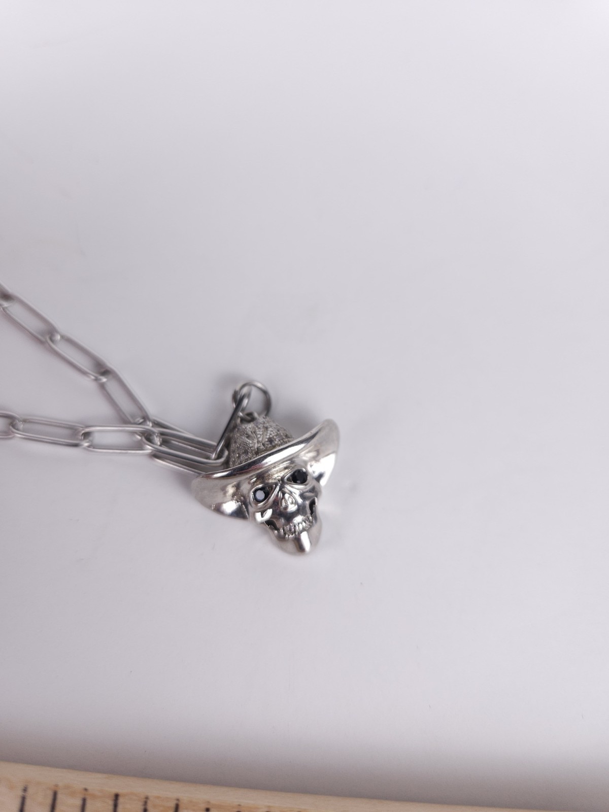 Dalmata Silvertone Chain Necklace with Cowboy Hat Skull Drop Pendant