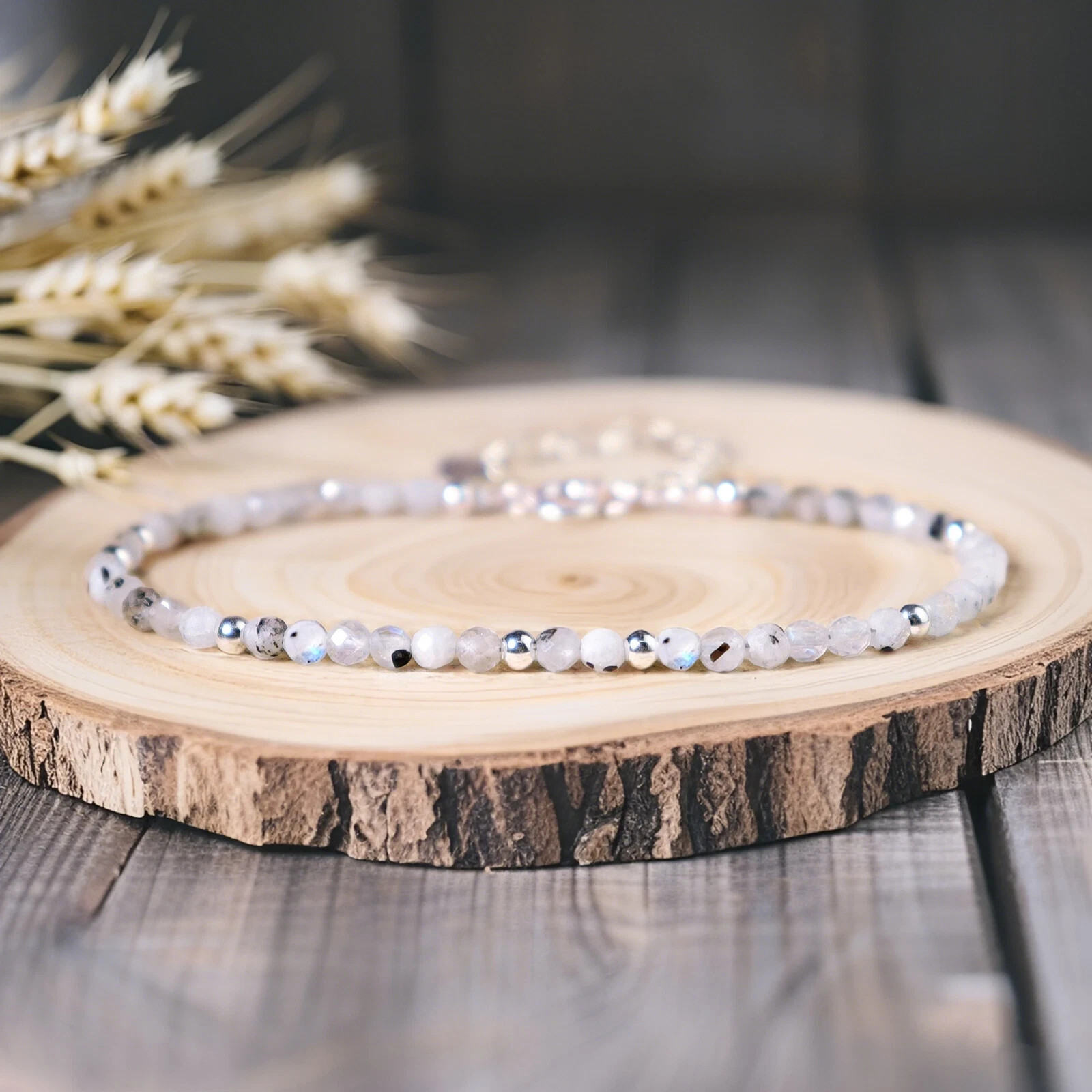 Rainbow Moonstone Crystal Gemstone Dainty Bracelet Minimalist 3mm Faceted Beads
