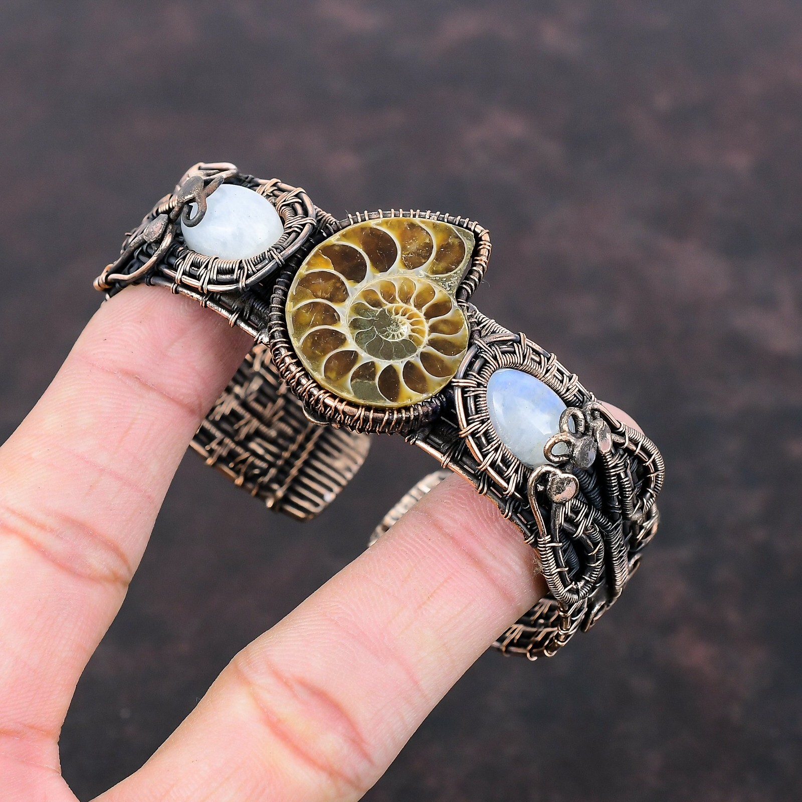 Ammonite Fossil Copper Friend Gift Wire Wrapped Adjustable Bangle