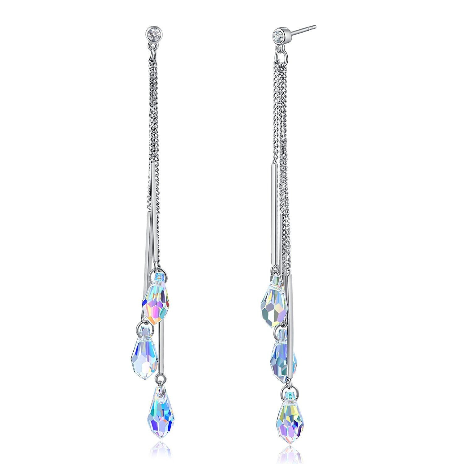 18k White Gold Plated Aurora Borealis Teardrop Cut Crystal Drop Earrings