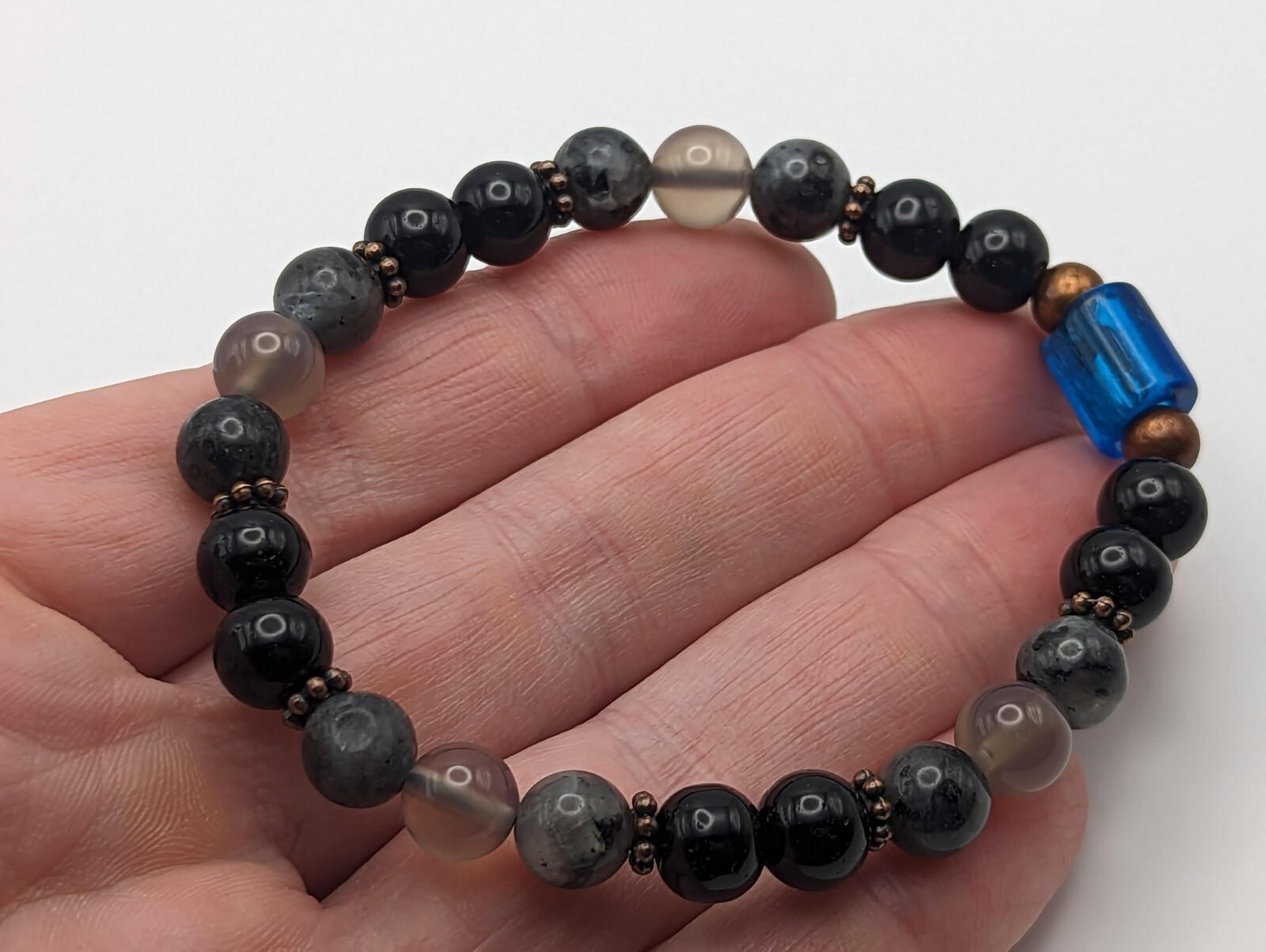 Labradorite / Grey Agate / Black 8mm Beaded Stretch Bracelet (18cm) Medium Wrist