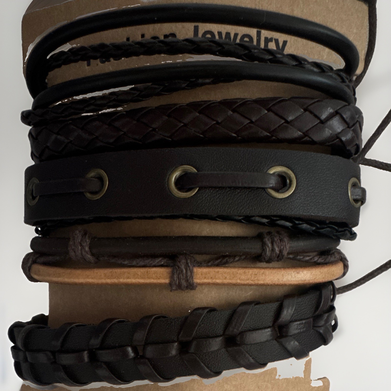 Set of 5 Black/Brown Faux Leather Cord Braided Wrap Bracelets, Adjustable Tie