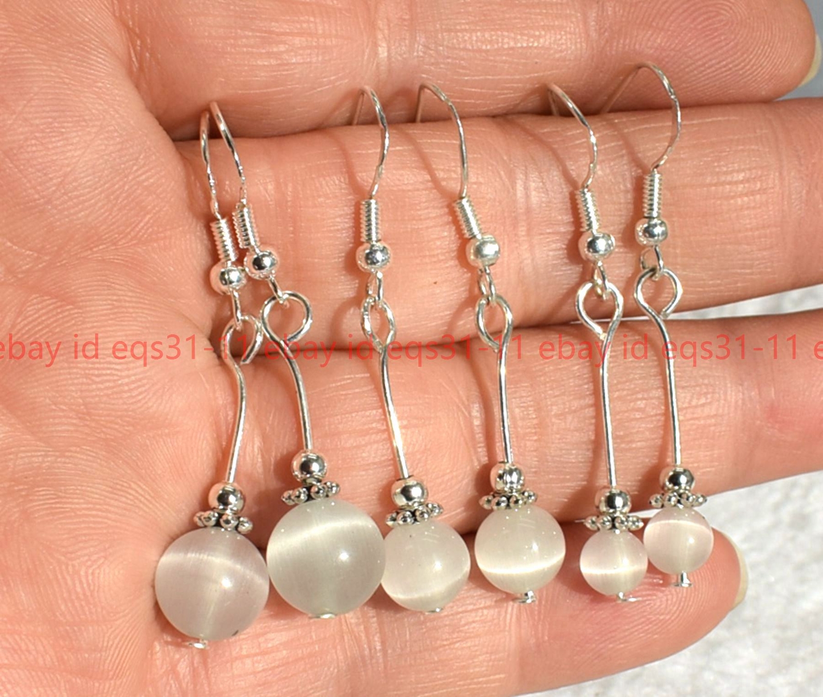 Beautiful 1Pair 6/8/10mm White Cat’s Eye Opal Gemstone Round Beads Hook Earrings