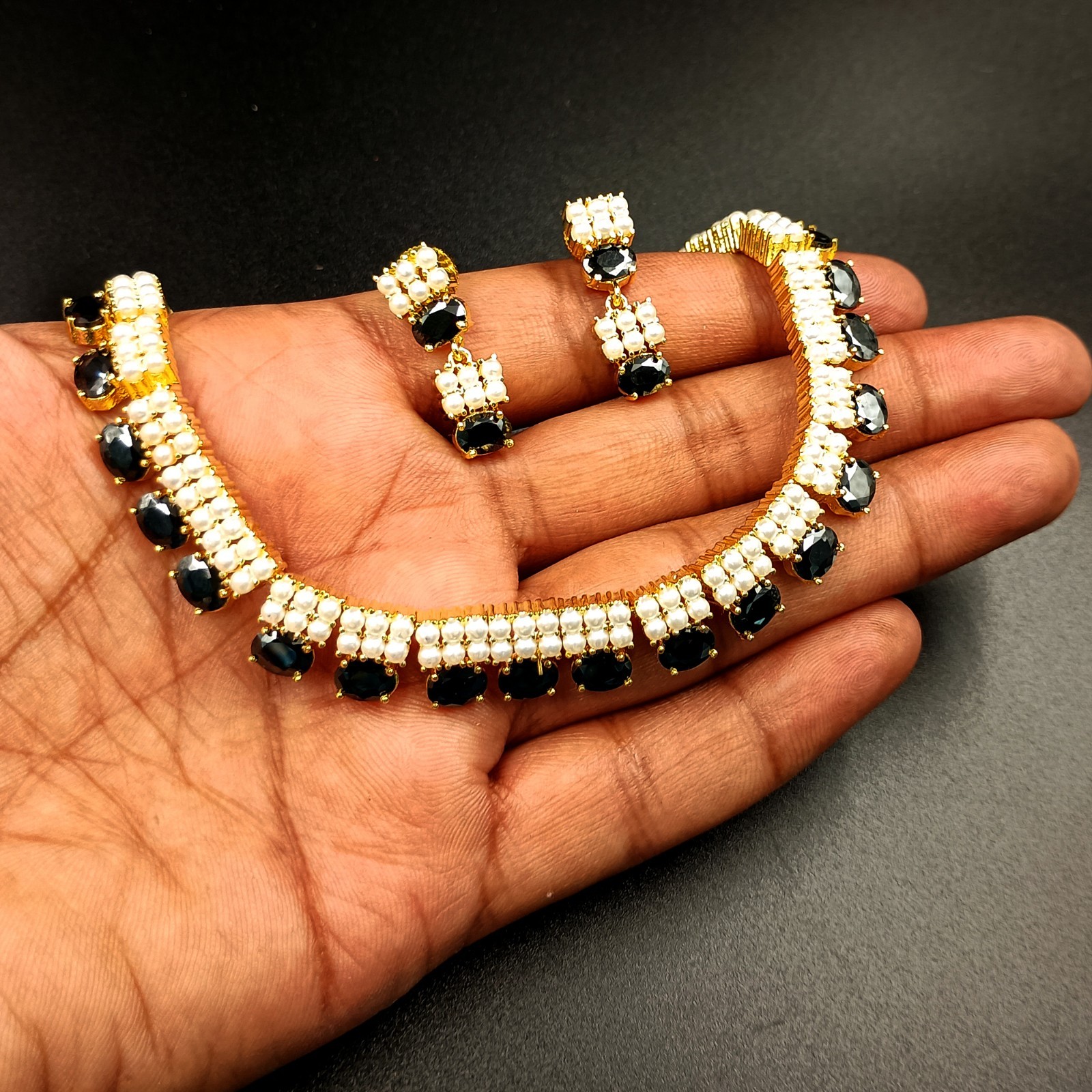 22k Gold Plated Black Onyx Choker Necklace Set Pearls Indian Temple Festival New