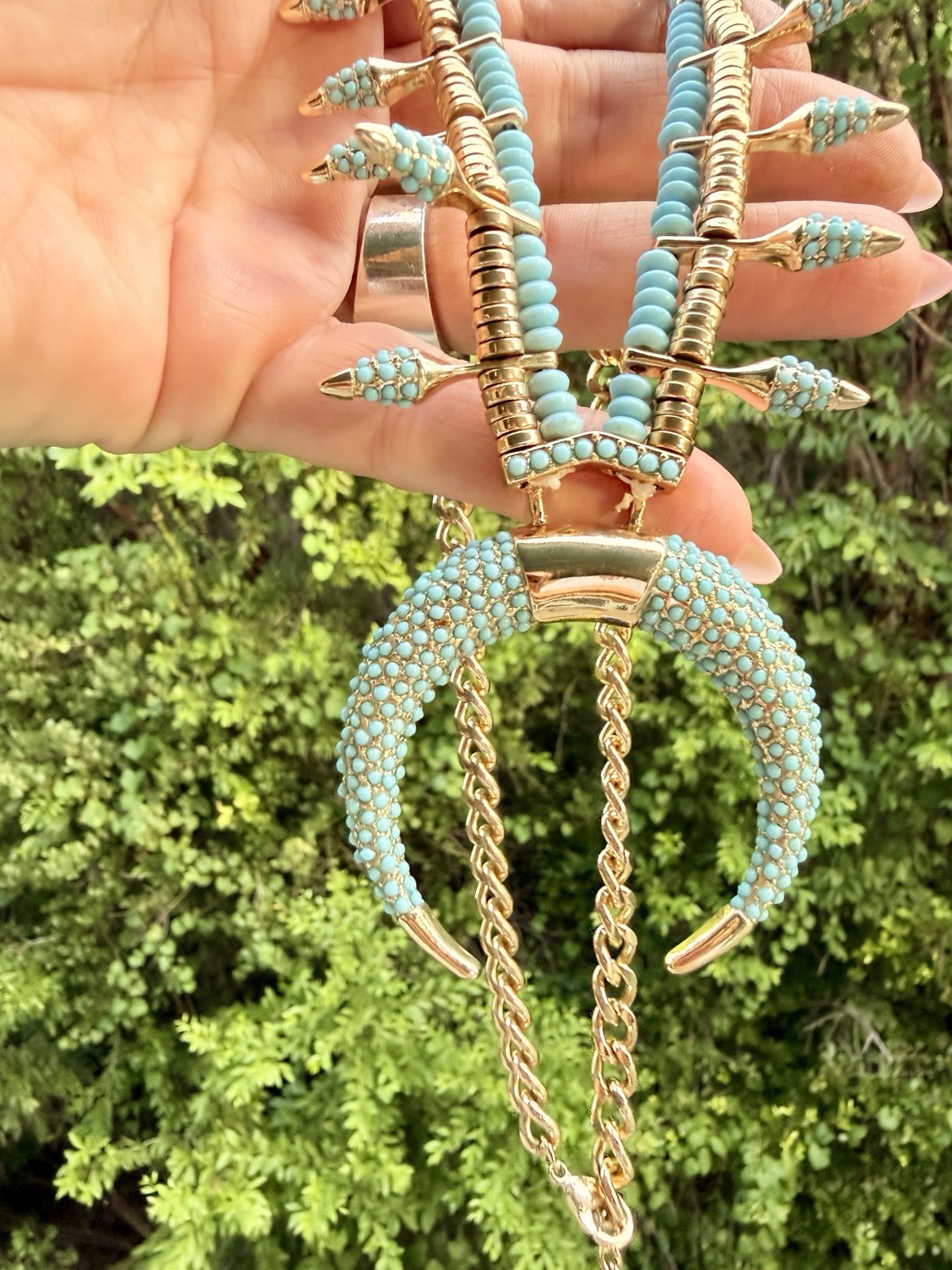 Modern Atterri Turquoise Beaded Crescent Horn Necklace Gold Tone Boho