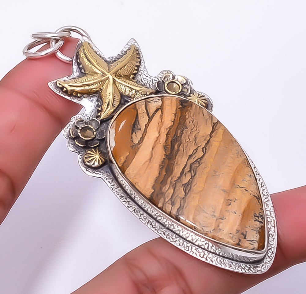 Picture Jasper 925 Sterling Silver Star Fish Pendant 2.93″ P861831, Christmas