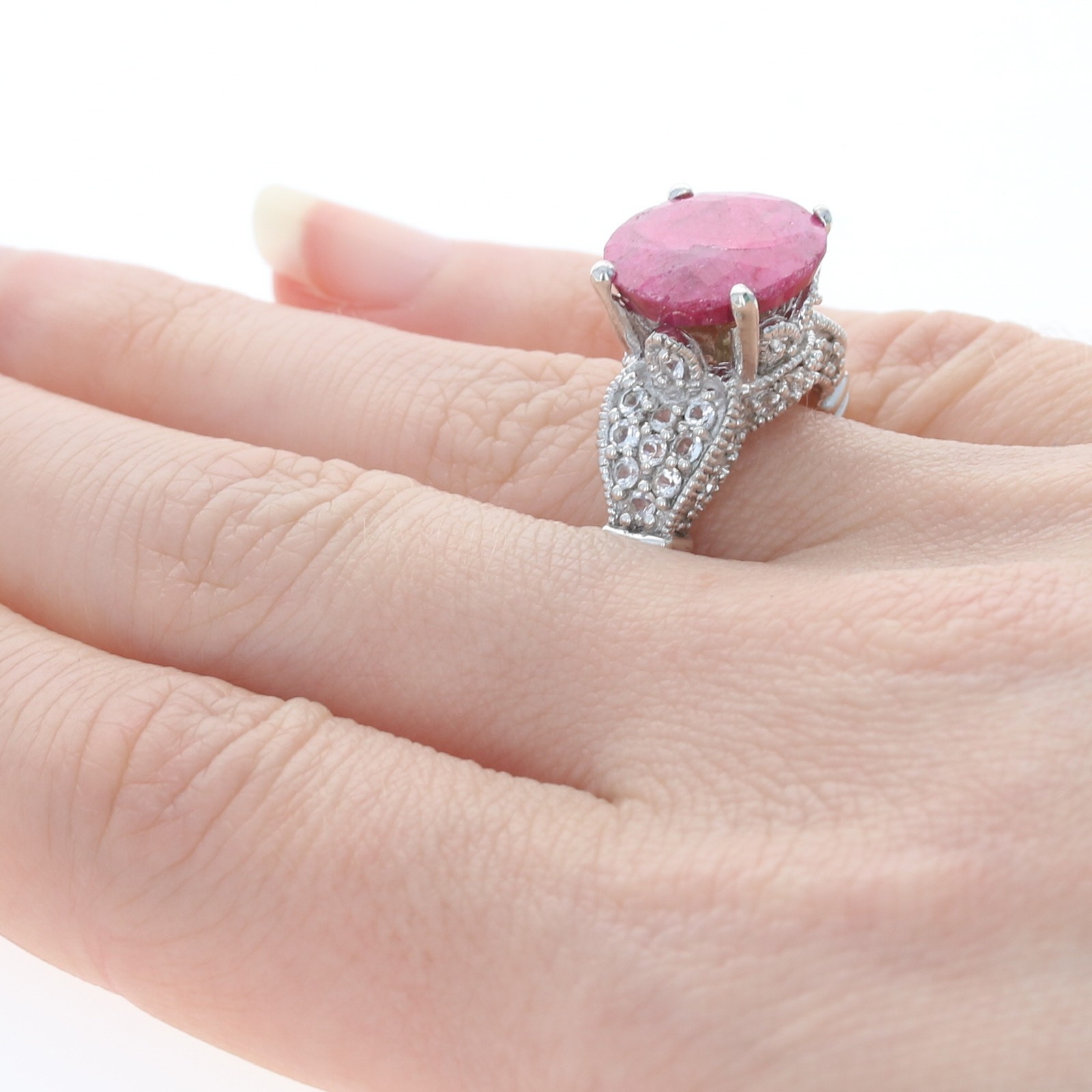 Sterling Ruby & White Topaz Ring – 925 Round Slice Cut 2.20ctw Milgrain Size 7