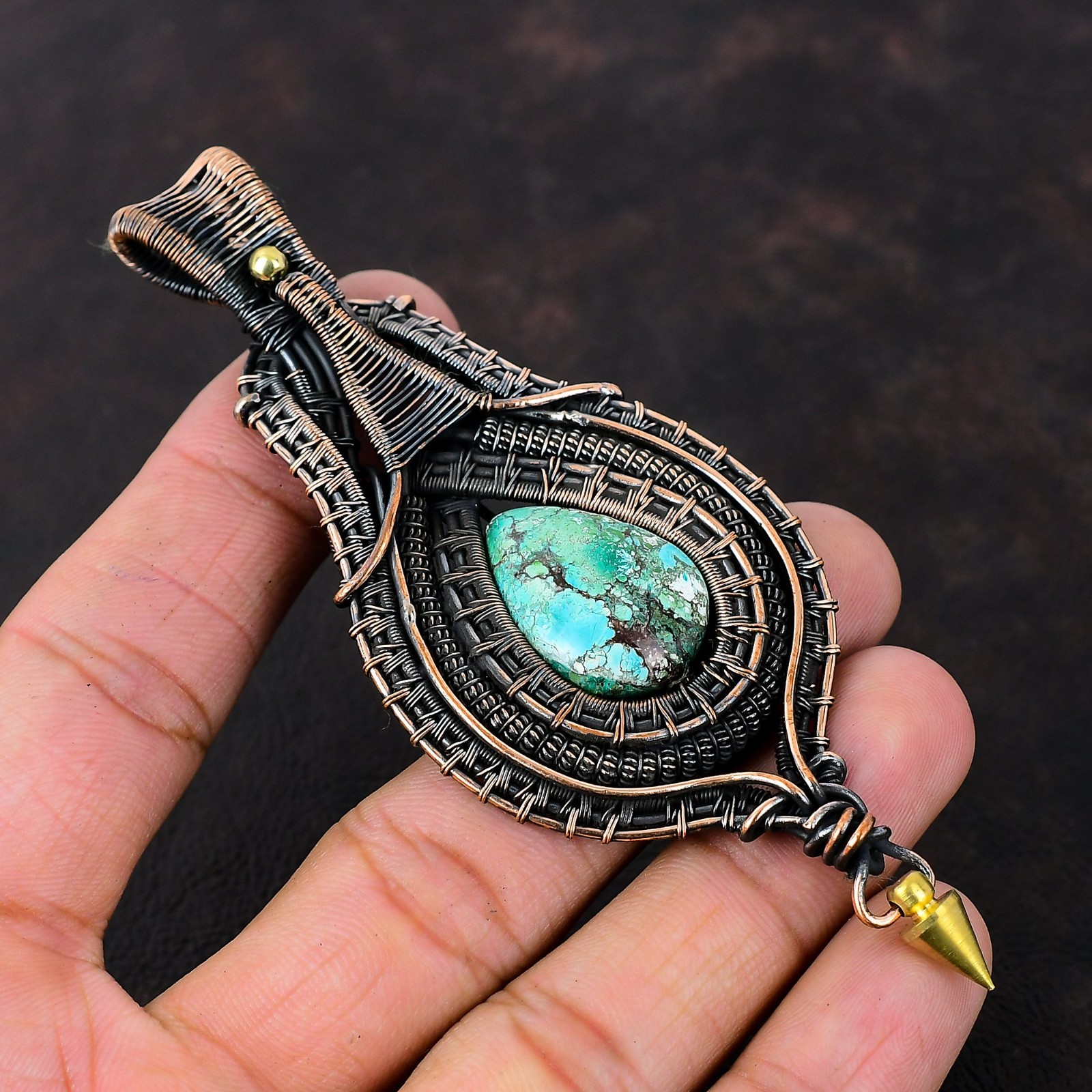 Tibetan Turquoise Gemstone Copper Wire Wrapped Handcrafted Wife Pendant Jewelry