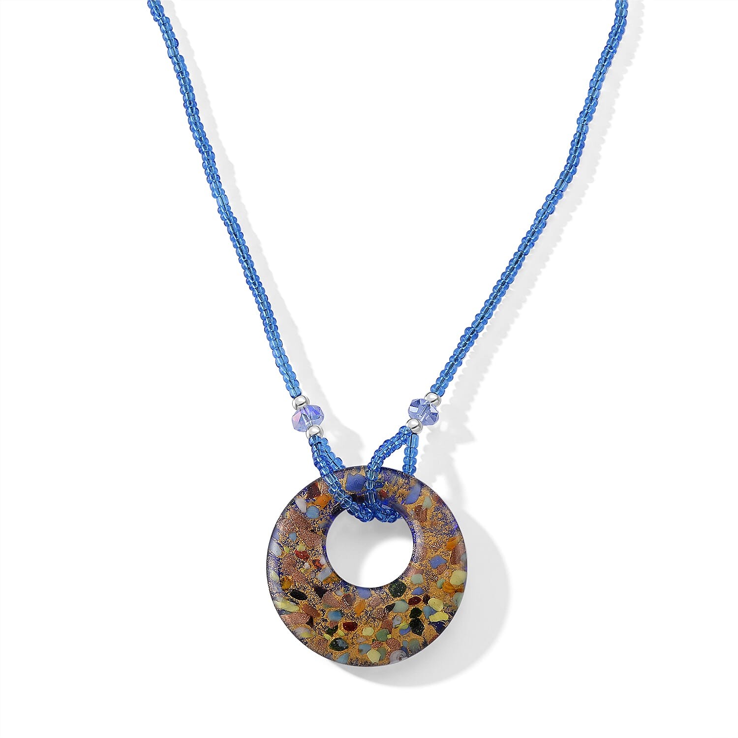 Multi Color Murano, Blue Circular Necklace 22.25-23.5 Inches in Stainless Steel