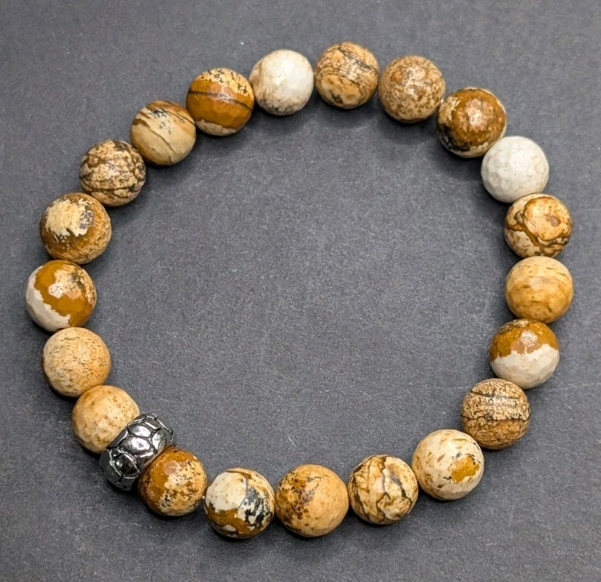 Unisex Picture Jasper Gemstone 10mm Beaded Stretch (18cm) M Wrist