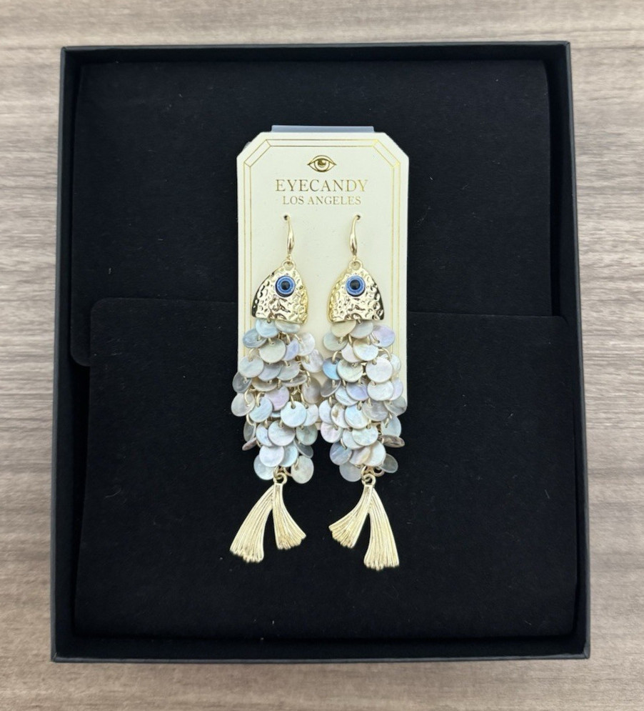 EYECANDY Los Angeles Gold Tone Dangle Fish Earrings with Shell Detail- Brand New