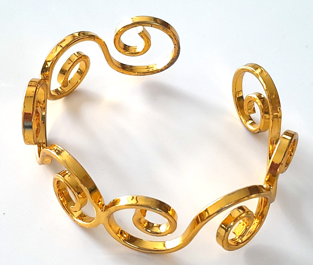 Gold Tone Open Work Curlicue Beautiful Metal Open Cuff Bracelet Fits Average 7″