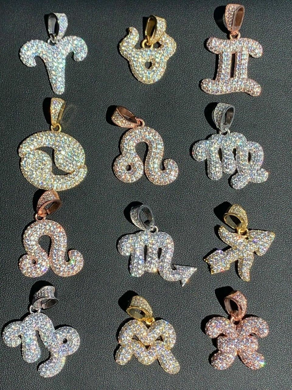 Solid 925 Silver Gold Plated Iced Bubble CZ Zodiac Astrology Sign Pendant HipHop