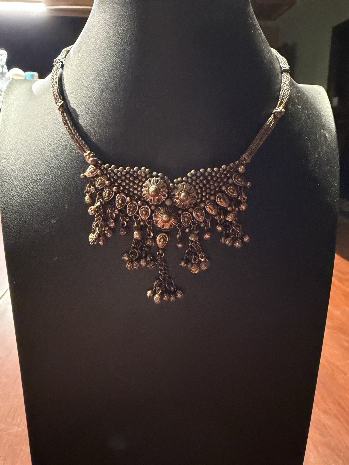 Copper Tone Multi-Strand Chain Bib Pendant Necklace w/ Dangles Hook Closure Boho