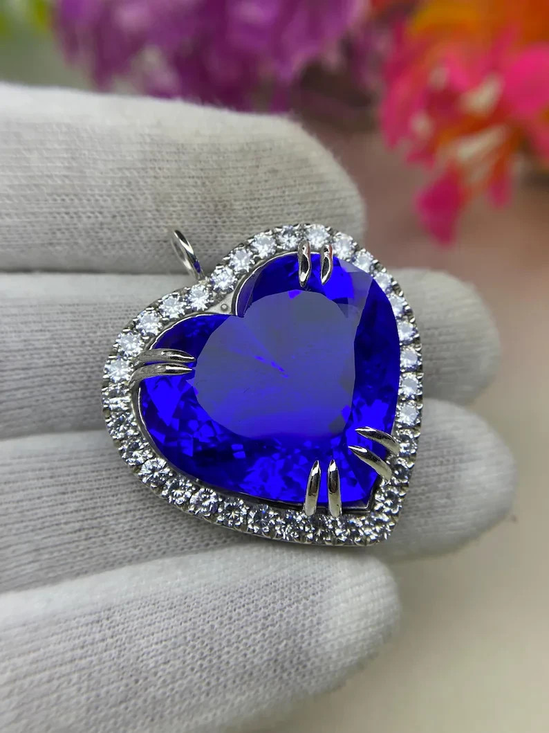 14K White Gold Plated Halo Heart Charm Pendant 3.12 Ct Heart Simulated Sapphire