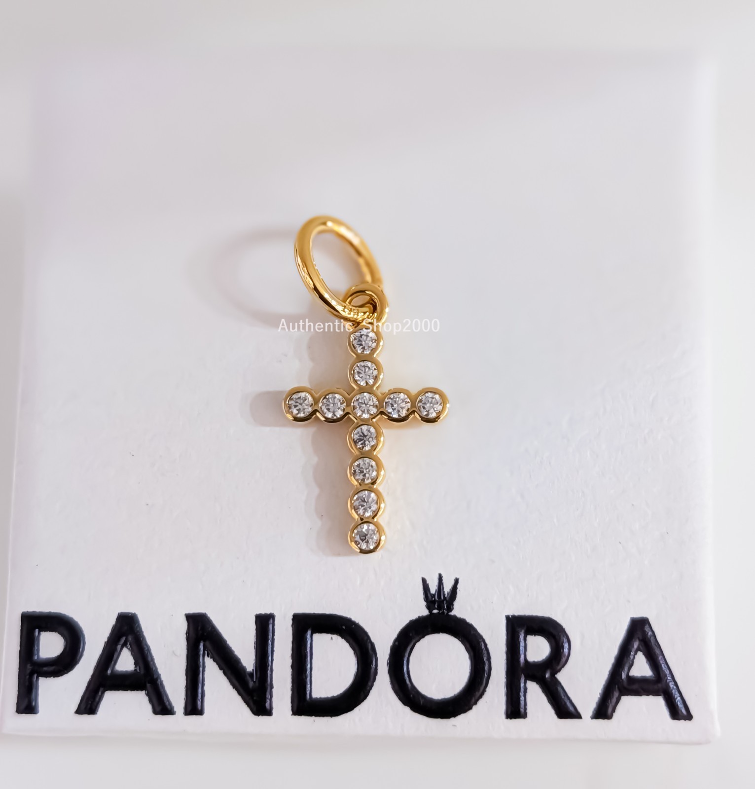 New 100% Authentic PANDORA 14k Gold P CZ Cross Dangle Charm Pendant 764063C01