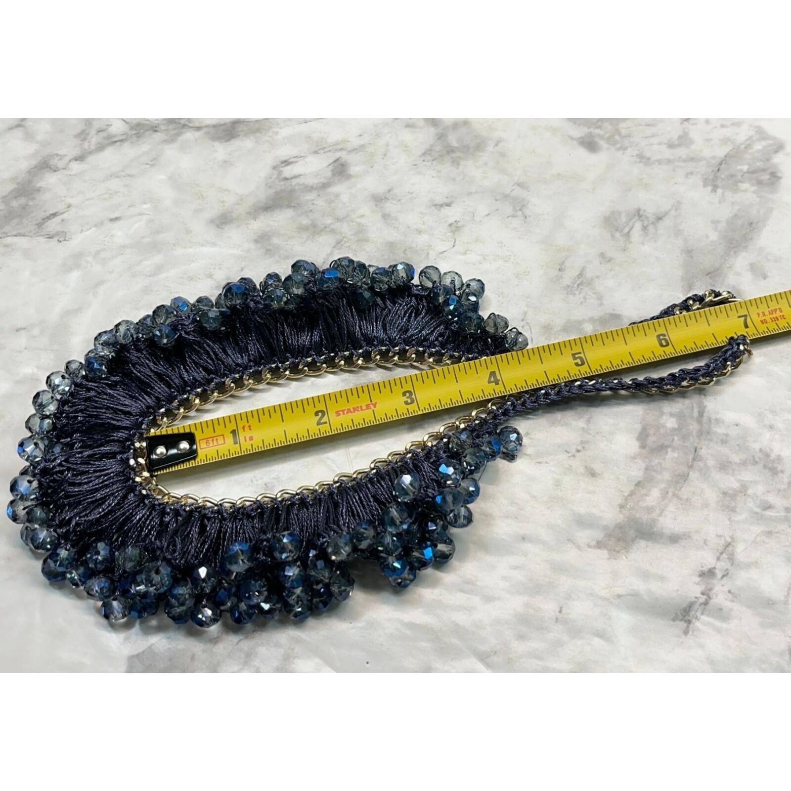 Vintage Blue Beaded Necklace Choker Crochet Bib Silver Tone 14″ Long