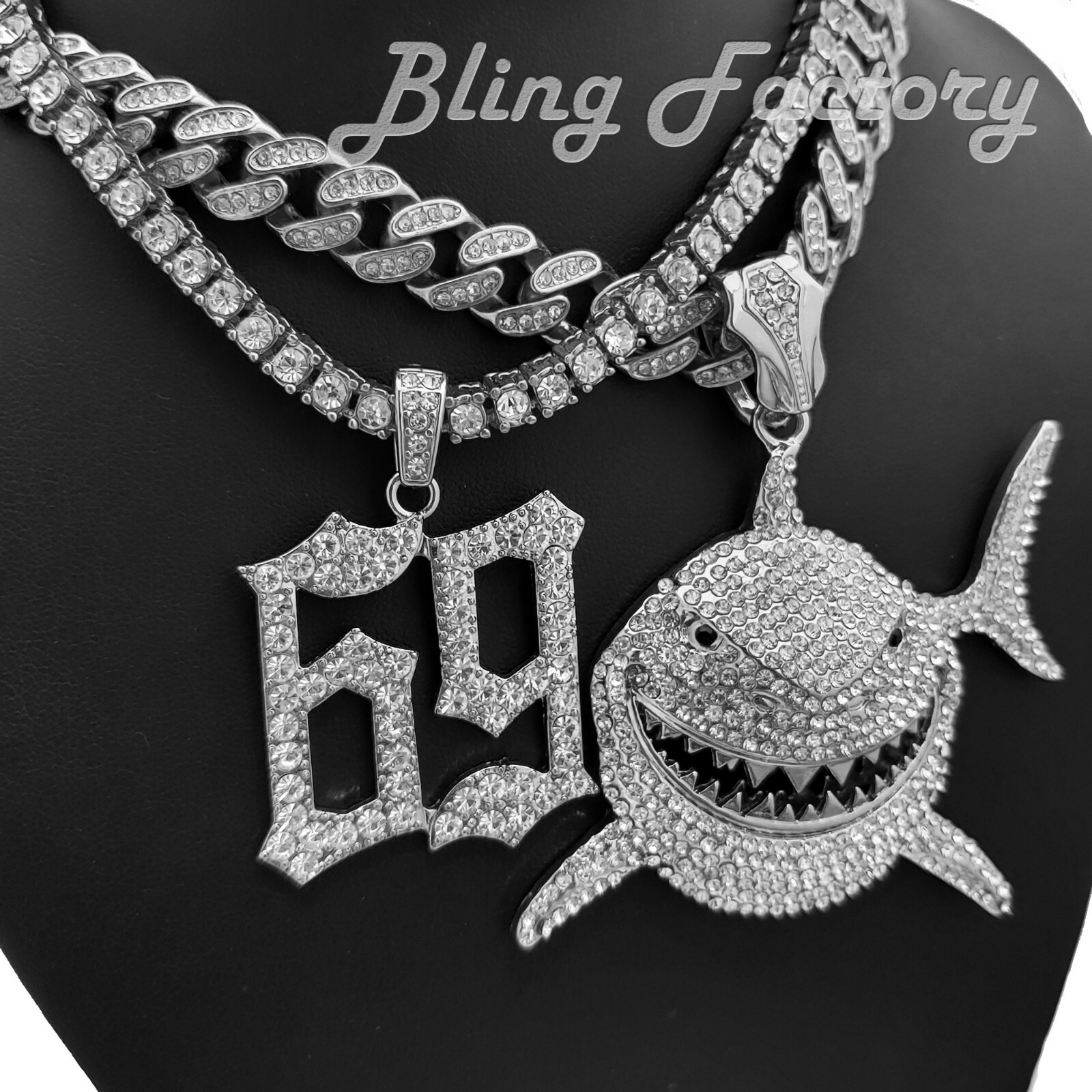 Silver Plated Alloy Shark 69 Cubic Zirconia 18″ Iced Cuban 1 Row Chain Necklace