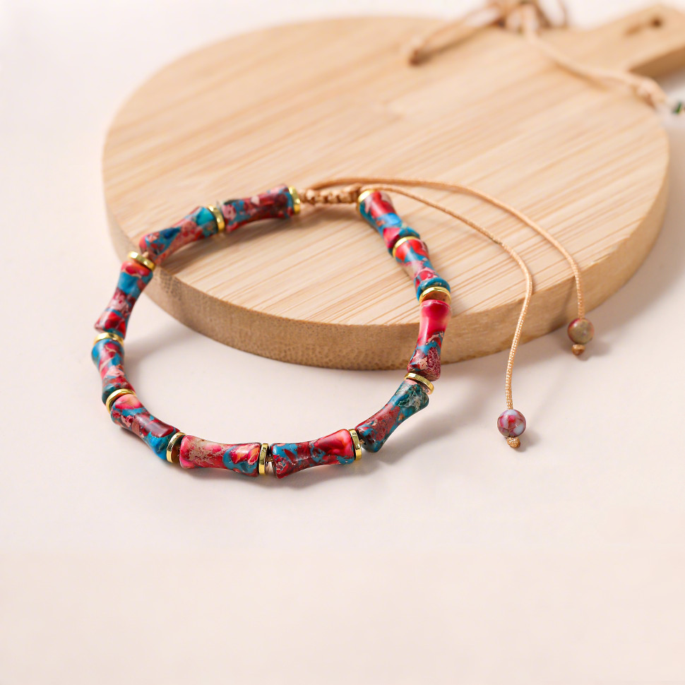 Sea Sediment Jasper Bamboo Shaped Blue Red Beads Woven Healing Gemstone Bracelet