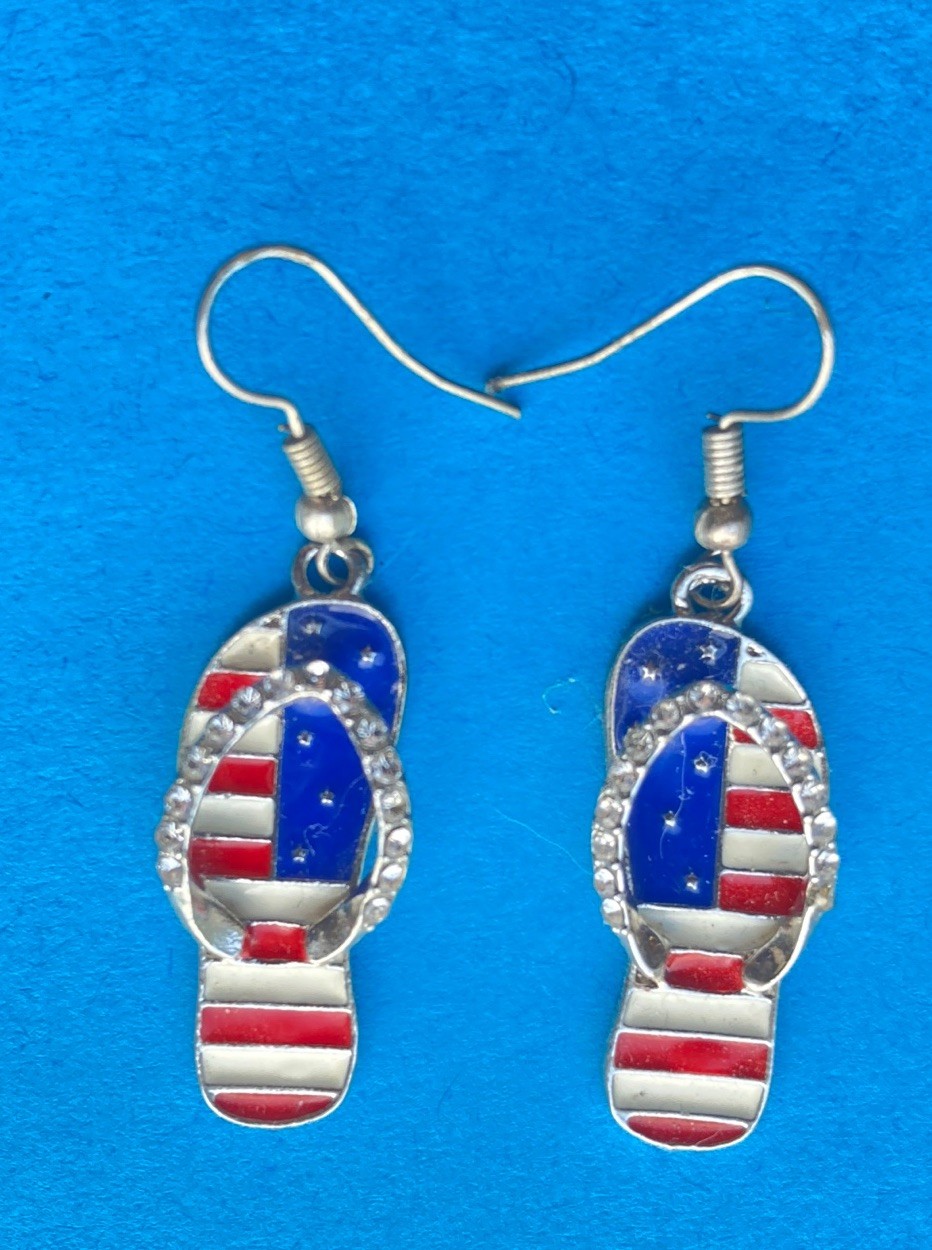 Flip Flop Earrings American Flag Sandals 4th Of July Rhinestones Red White Blue