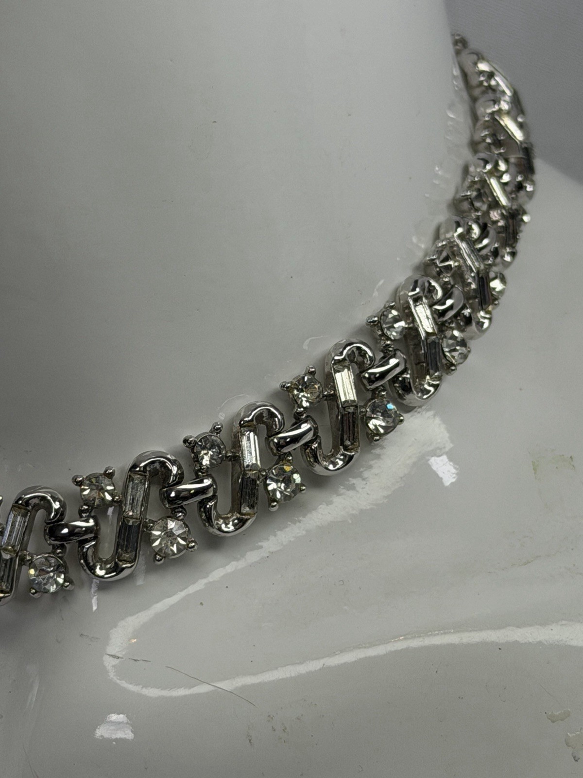 Trifari Silver Tone Clear Crystal Rhinestone Link Choker Necklace Signed