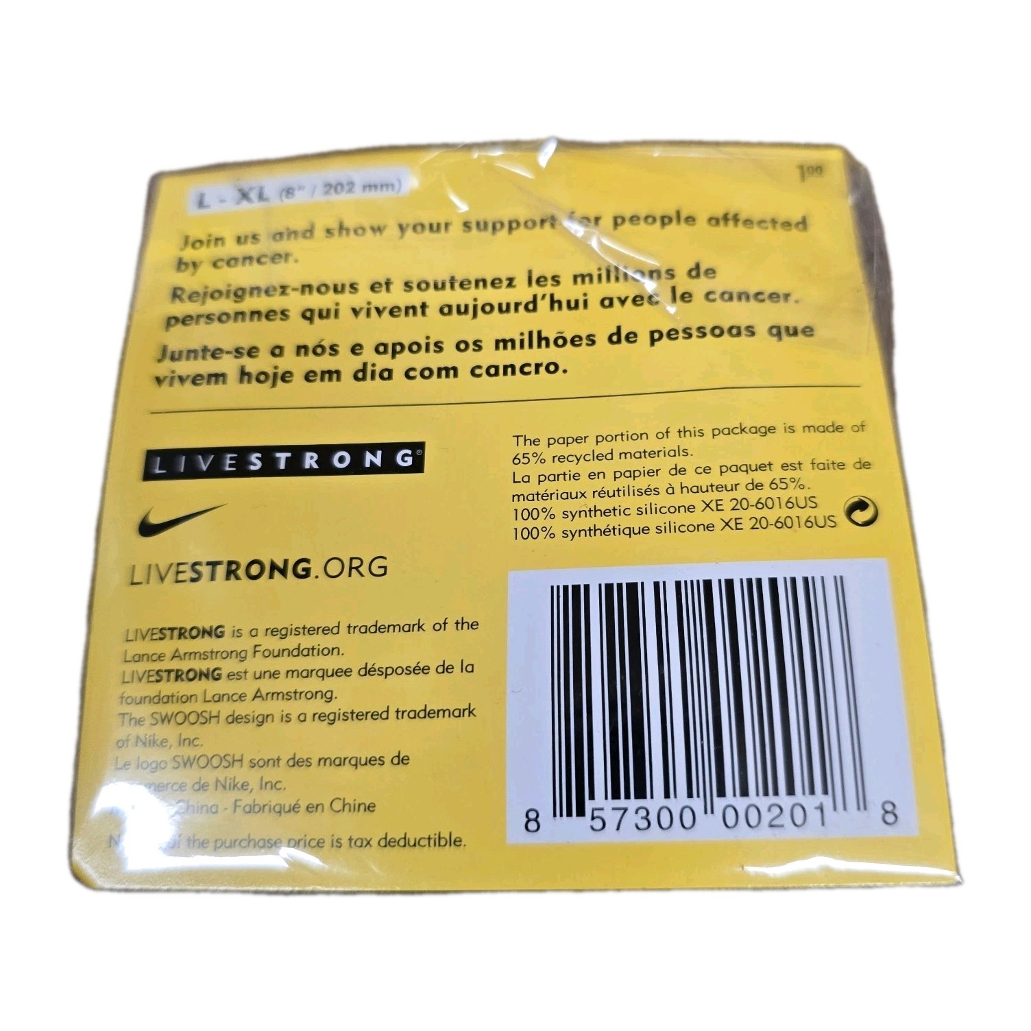 Nike LiveSTRONG Authentic Baller Band Wristband Bracelet NEW Size L-XL 8″/202mm