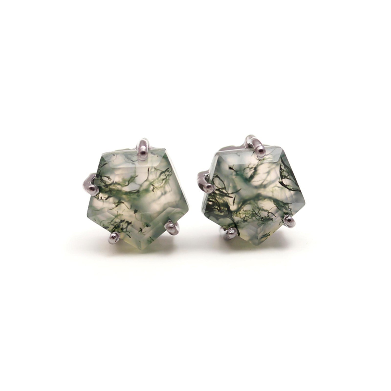 100% Natural Moss Agate Pentagon Stud Earrings Solid Silver Oxidized Jewelry