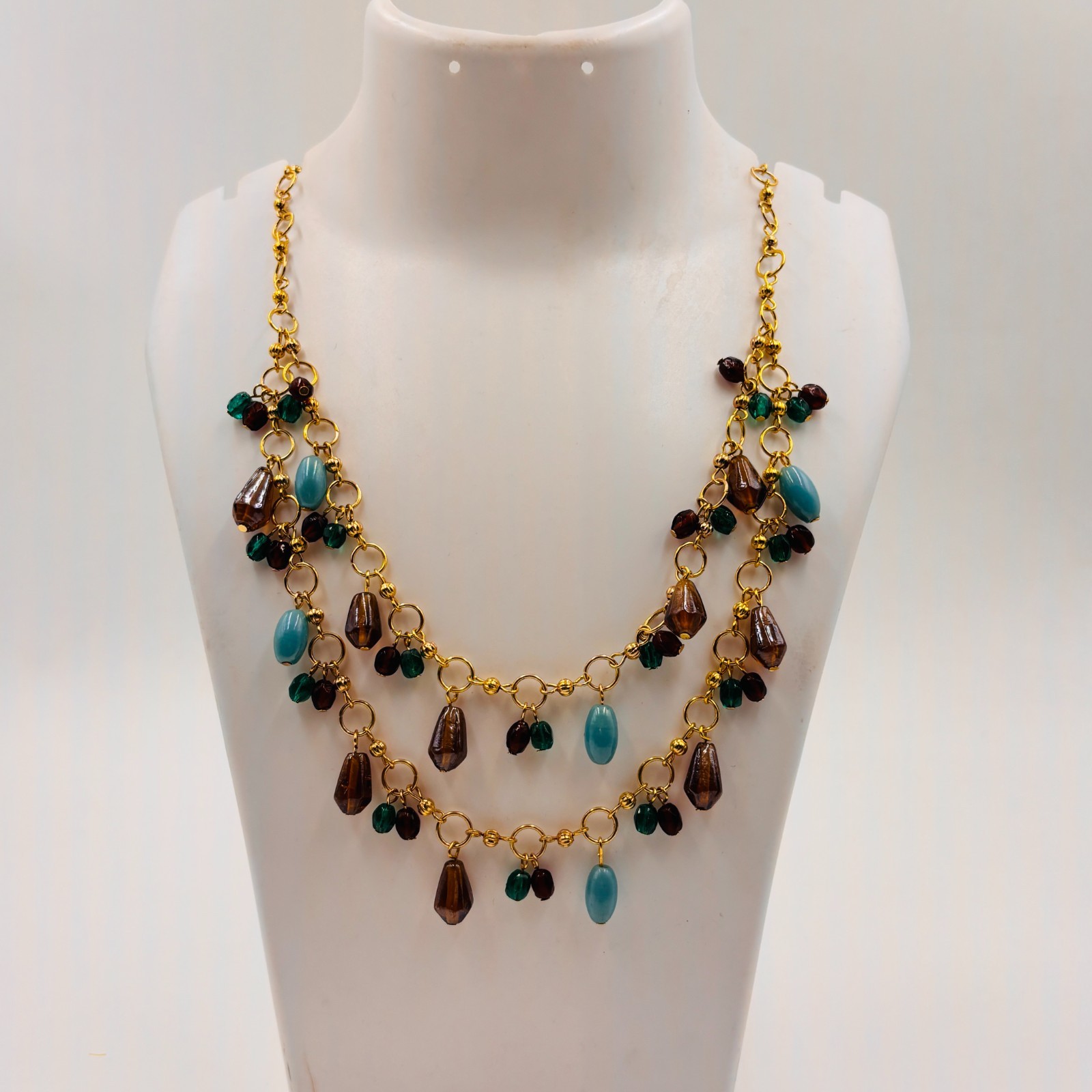 Gold Tone Multicolor Beaded Layered Necklace Boho Ethnic Statement Jewelry