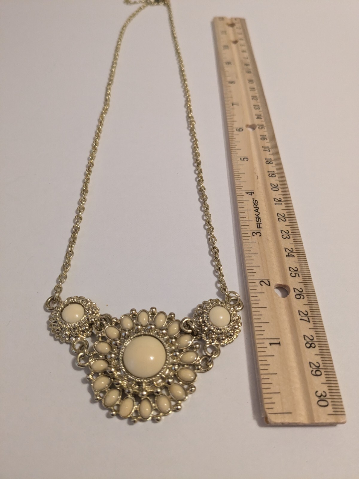 Gold Tone Flower Pendant Statement Necklace With Off White Acrylic Beads 24″.