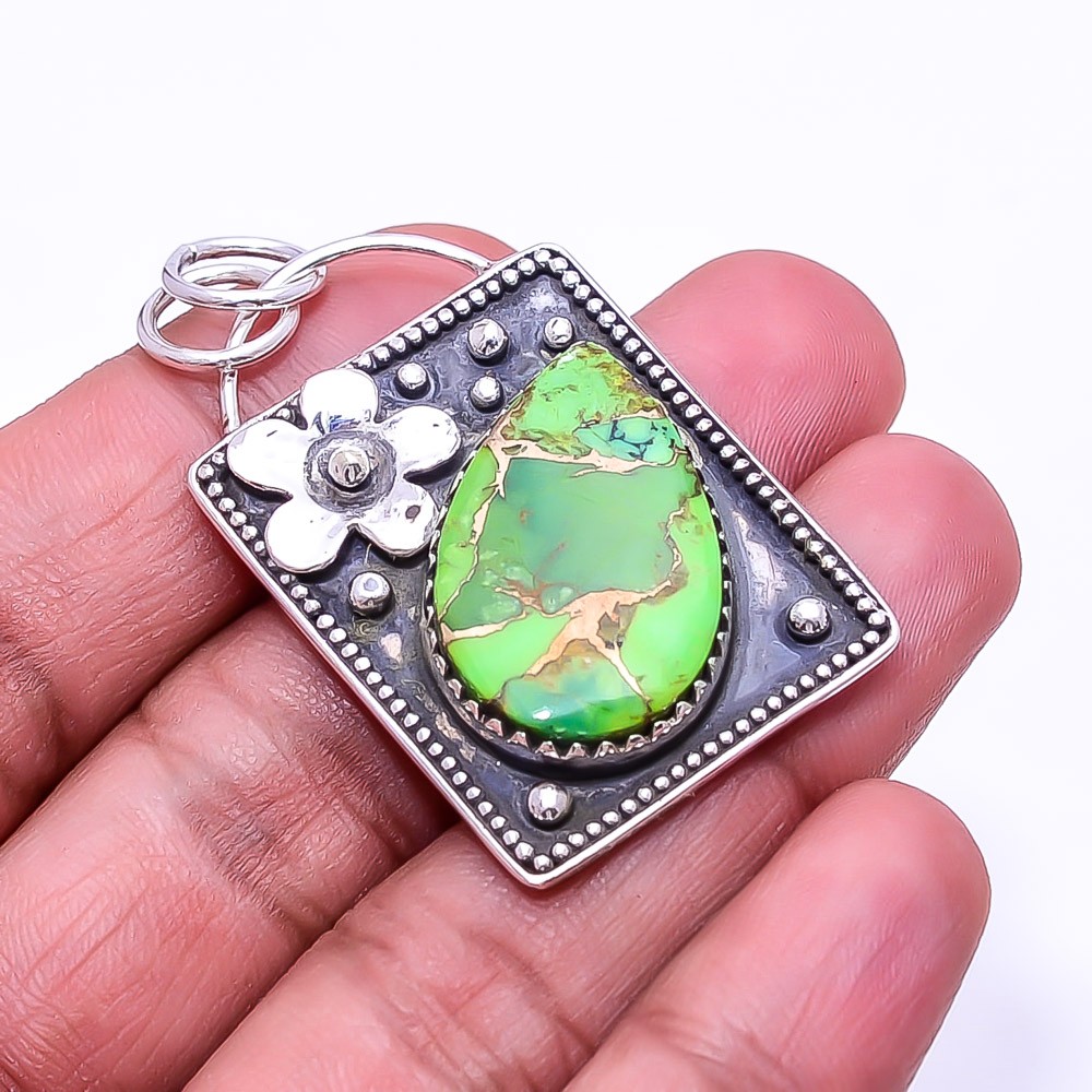Copper Green Turquoise Oxidised Designer 925 Sterling Silver Pendant 1.76″ P19