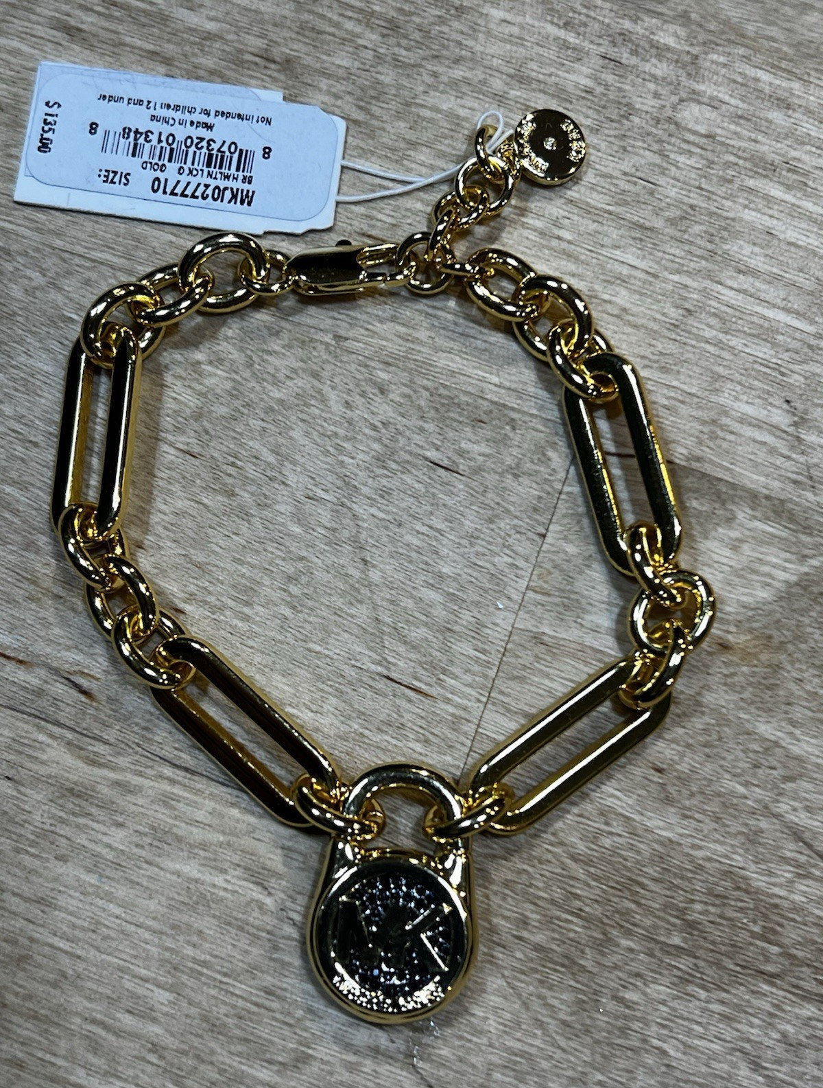 Michael Kors Signed Gold-Tone MK Logo Dangle Charm Cable Chain Bracelet