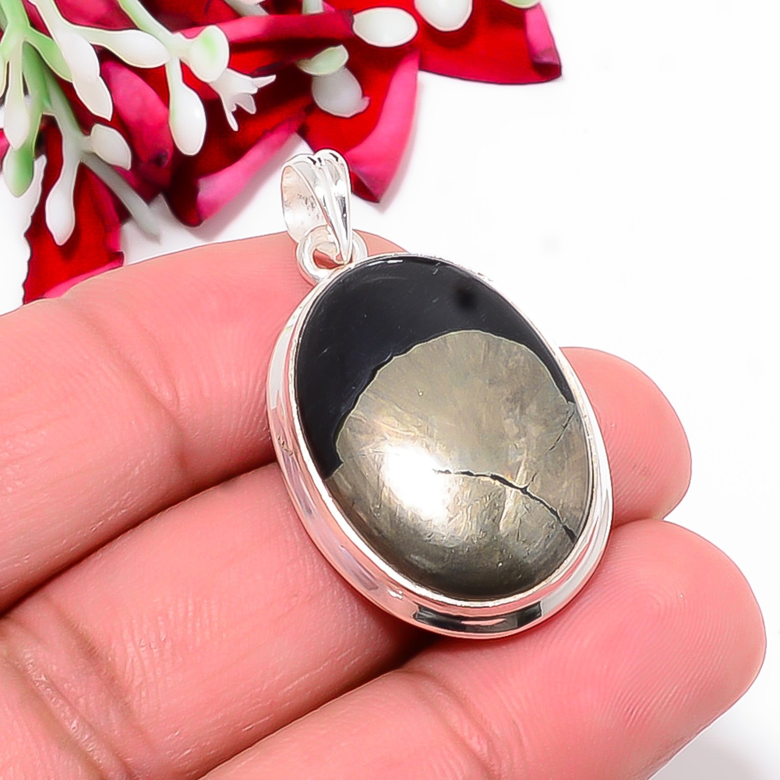 Healer’S Gold Pyrite In Magnetite 925 Sterling Silver Pendant 1.56″ P10467123510