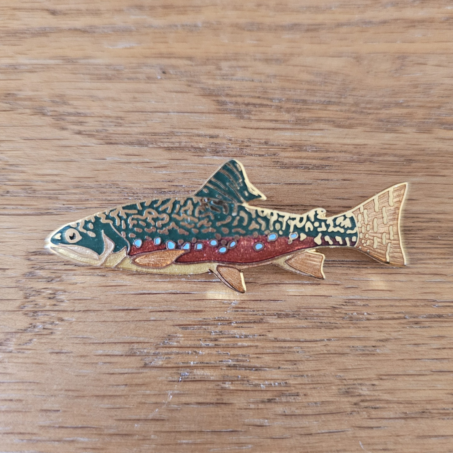 Trout Enamel Metal Pin Brooch Gold Green Red 2 3/8 in
