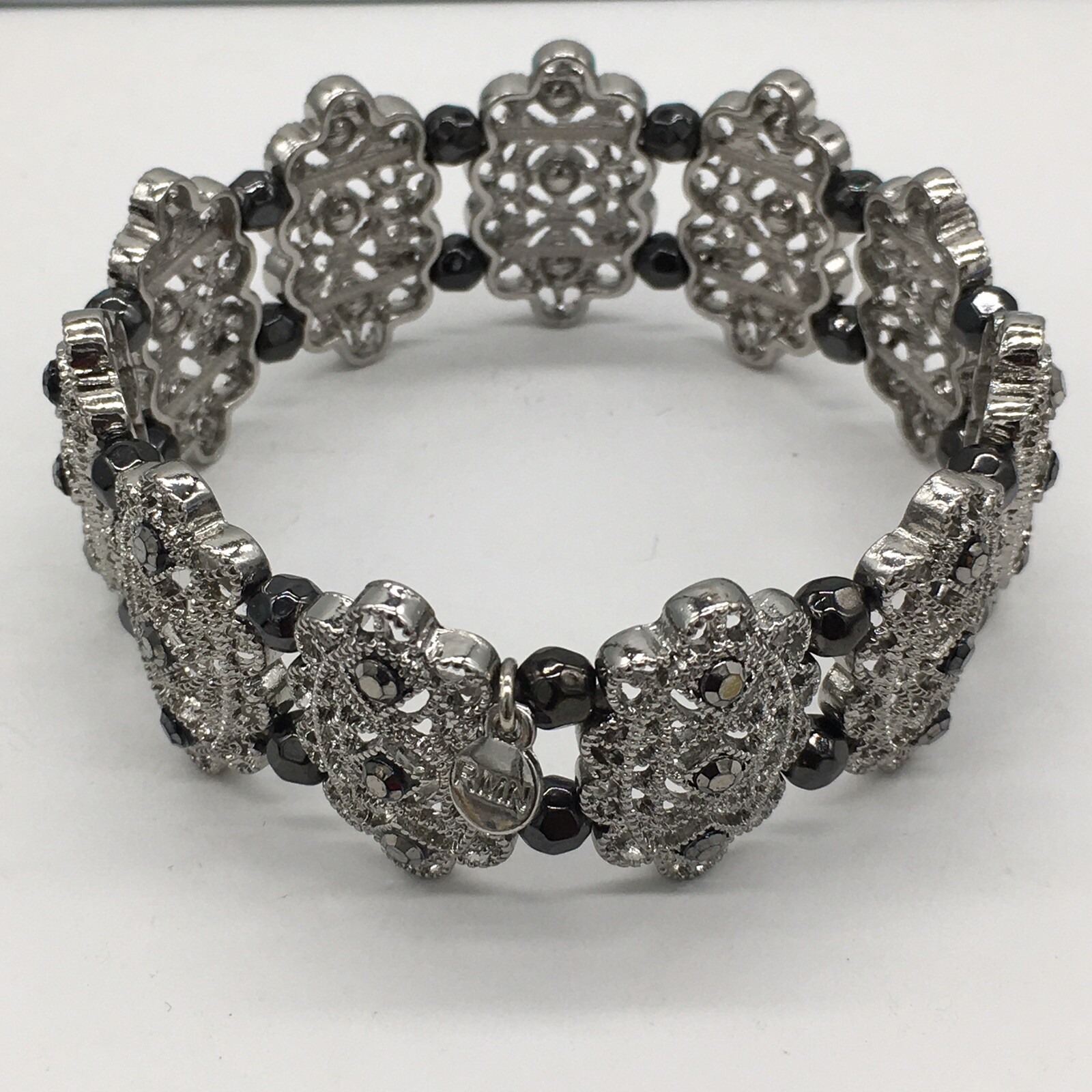 Roman Silver Tone Beaded Panel Stretch Necklace