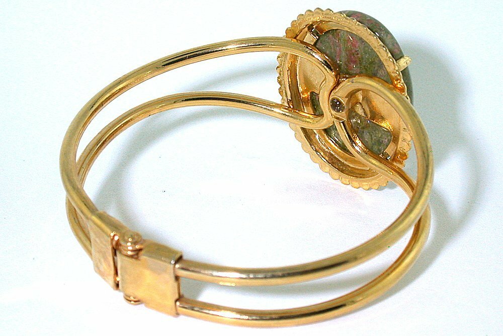 30×22 Unakite Cabochon Cab Spring Load 7 1/2 Inch Goldplated Cuff Bracelet ECB48