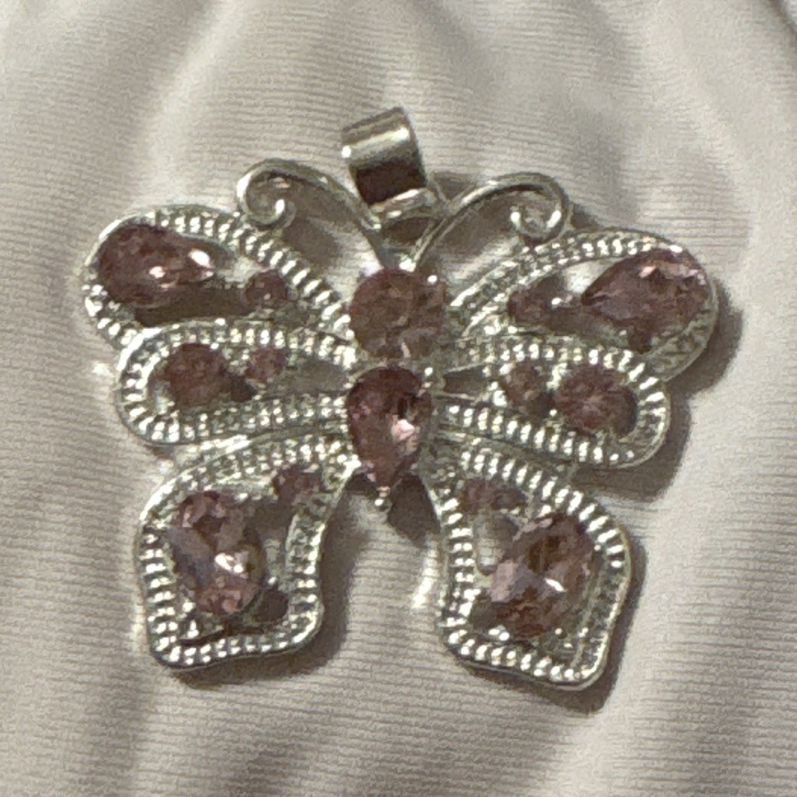 Silver plate Butterfly Charm Pendant, Pink Marquise Crystal, Prong Set, 7 Stone