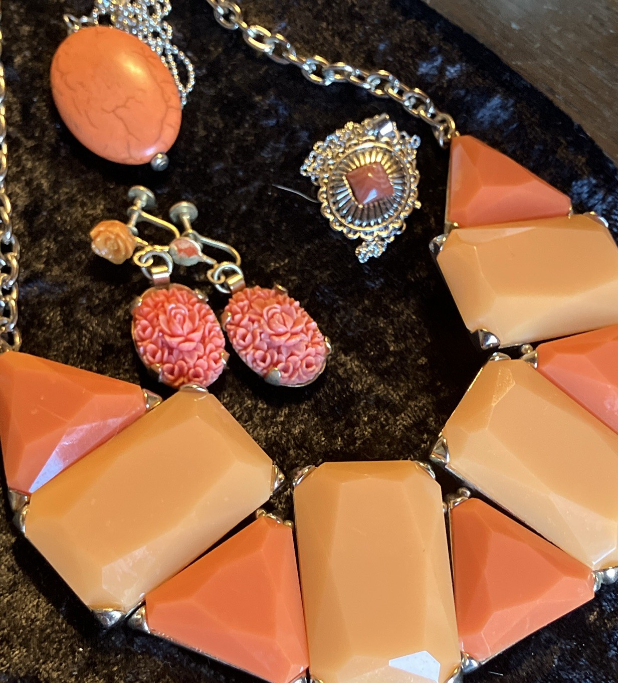 Orange Silver Tone Necklaces Pendant & Floral Screwback Earrings Jewelry Set