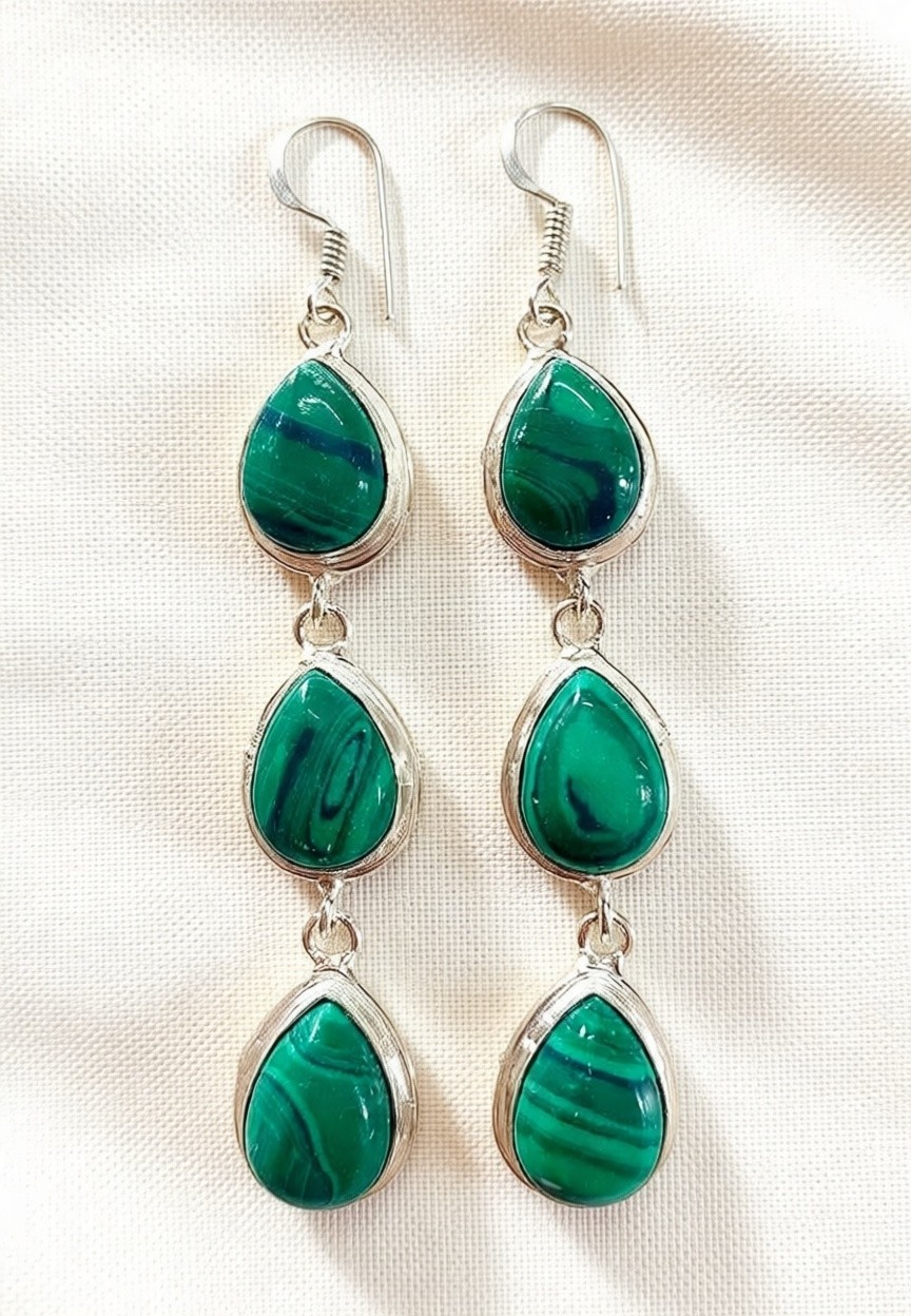 Natural Malachite Gemstone 925 Sterling Silver Handmade Jewelry Earrings 2.10″