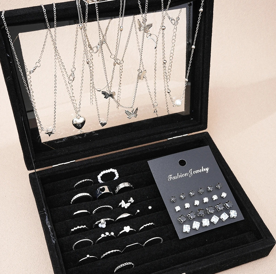 51pcs Silver Color Jewelry Set – Butterfly & Heart Style Fashion Accessories